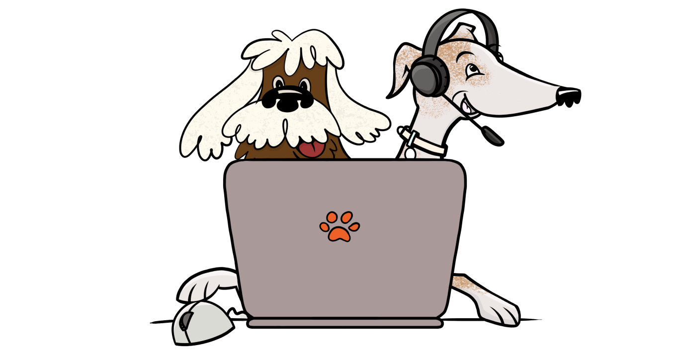 Two cartoon dogs sitting behind a laptop