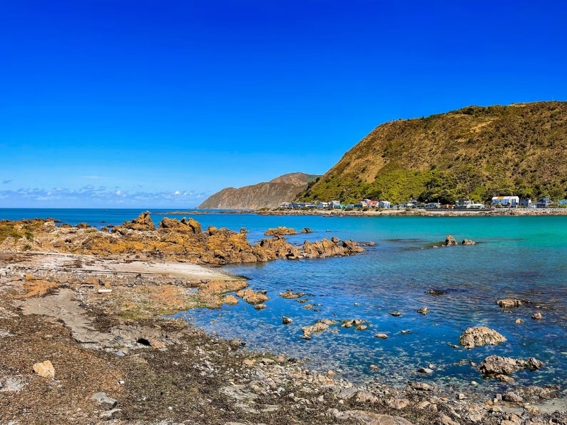 Owhiro Bay on a sunny day. Showing blue water and large mountains in the background.