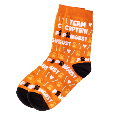 Orange patterned socks that say Team Captain