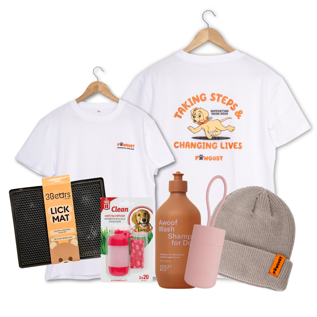 PAWGUST merch pack, including: t shirt, beanie, lick mat, dog waste bag holder. treat holder, dog wash treatment