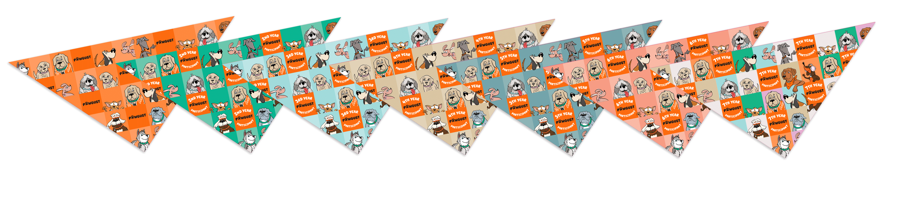 Six PAWGUST bandanas lined up in a row. The bandanas are orange, green, blue, brown and pink and have cartoon images of dogs on them.