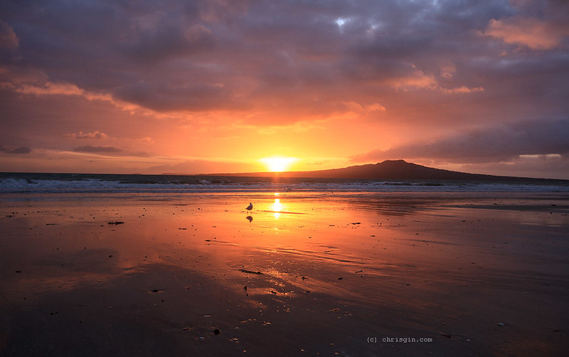 A view of Rangitoto Island taken from Takapuna Beach at sunrise
