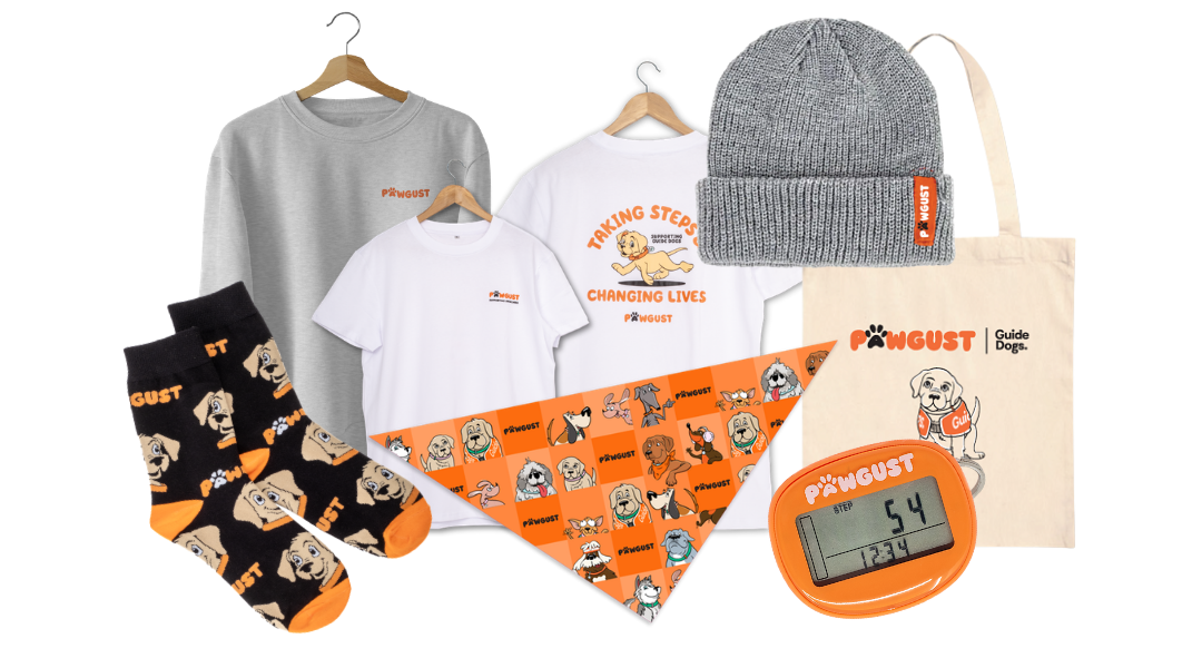 A collage of PAWGUST rewards: sweater, t-shirt, beanie, socks, bandana, tote bag and pawdometer